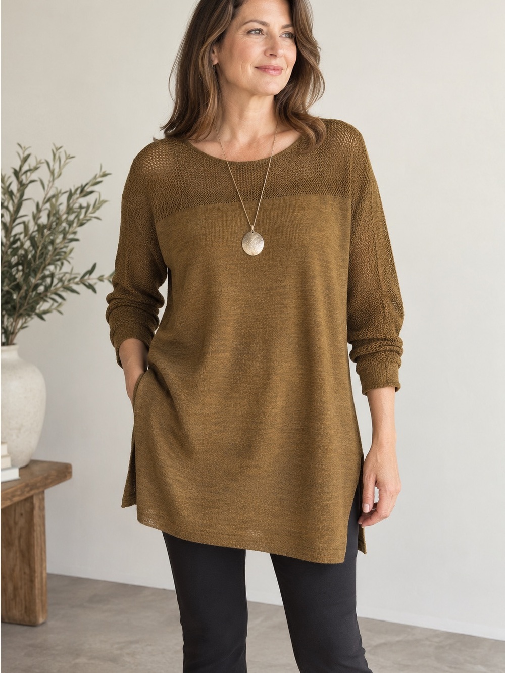 Eileen Fisher 100% Wool Tunic Sweater L Brown Khaki Mesh Neck Long sleeve